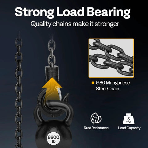 Close-up of 3 Ton 10ft Red Chain Hoist Heavy Duty Manual Pulley Lift with G80 manganese steel chain showing 6600 lb capacity hook.