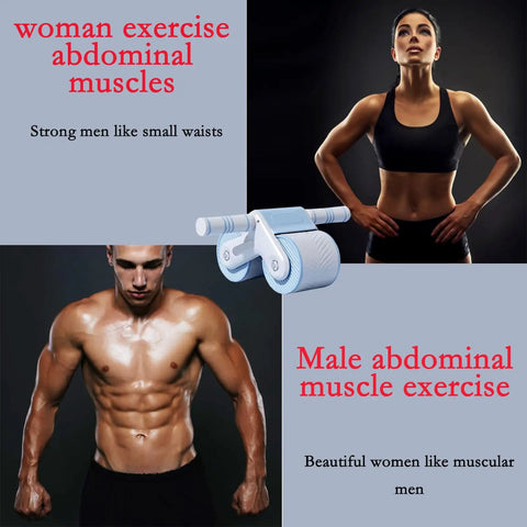 Automatic Rebound Ab Roller With Smooth Dual Wheel Action And Built In Phone Holder Plus Squishy Knee Pads For Legit Core Strength Anytime You Want To Crush It with male and female models showcasing workouts.