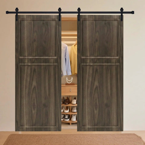 Double Sliding Interior Barn Door With Solid Hardware Kit Included Smooth As Butter Glide Track Set For Closets And Bedrooms No Sweat Diy Farmhouse Room Refresh Bundle in dark wood finish.