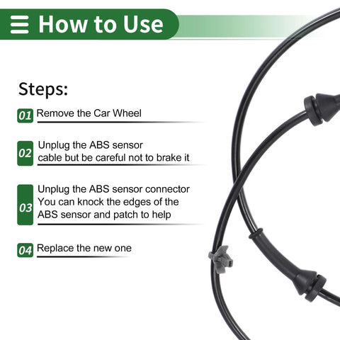 ABS wheel speed sensor cable (black) with connector and mounting clip beside a how-to-use guide.