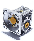 Premium Worm Gear Speed Reducer Compatible With NMRV050 RV050 Gearboxes Offering 5 To 100 Transmission Ratios For Kickin Serious Torque And Smooth Servo Motor Operation Daily, showing silver casing and dual input/output sides.