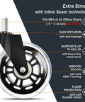 3 Inch Rubber Chair Wheels Replacement Casters With Seven Sixteenth Inch Stem Universal Fit For Most Rolling And Gaming Chairs Protect Floors On Carpet Hardwood And Tile With Smooth Quiet Rolling Set Of Five Transparent shown with inline skate technology and heavy-duty metal frame.
