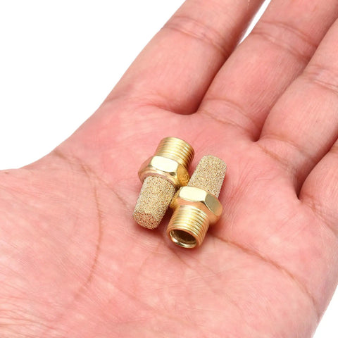 Two brass fittings from Pneumatic Exhaust Muffler Eight Piece Kit With One Eighth NPT Male Sintered Bronze Brass Fittings For Pneumatic Tools