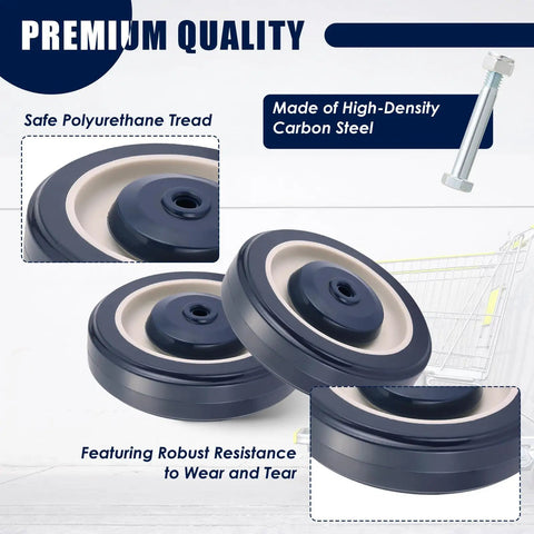 Heavy Duty 5 Inch Shopping Cart Wheels 4 Pack Blue TPU Replacement Casters Roll Sweet and Smooth with Tough as Nails Build 5/16 Bore and 250 Lb Load per Wheel close-up of polyurethane tread and bearings.