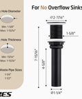 Top Tier Solid Brass Bathroom Sink Grid Drain specifications for no overflow sinks, showing dimensions and fitting details.