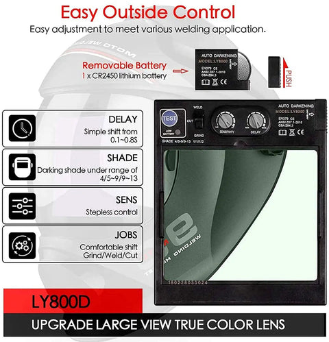 Auto Darkening Welding Helmet With Ultra Large Viewing Screen and True Color Lens showing control panel and removable battery