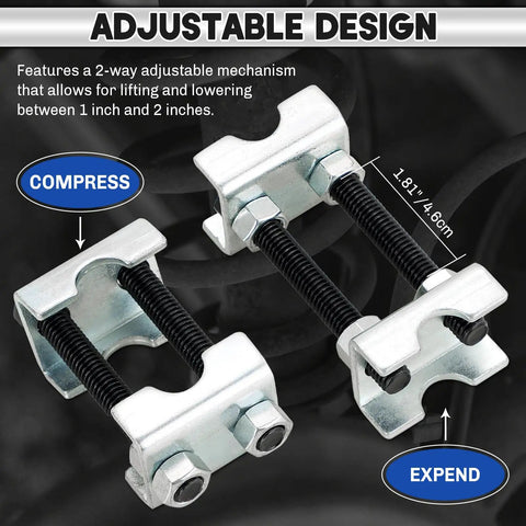 Heavy Duty 2 Way Adjustable Coil Spring Spacers 8 Piece Set Rust Proof Carbon Steel showing adjustable mechanism for lift and lower.