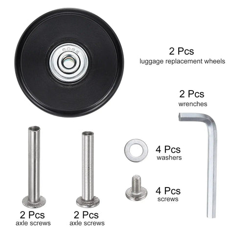 Toss Your Clunky Rollers Snag This Upgraded 60 Millimeter Suitcase Roller Fix Kit With Double Ball Bearings components including wheels and screws.