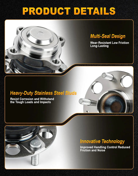 Built Tough Rear Wheel Hub And Bearing Assembly Pair Set For Honda Accord 2013 Through 2023 And Acura Tlx 2015 To 2020 Fwd 5 Lug Pattern showing multi-seal design and stainless steel studs.