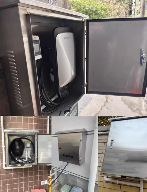 Heavy Duty Outdoor EV Charger Enclosure with locking door and transparent panel, weatherproof metal housing.