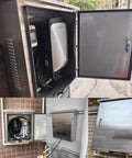 Tough As Nails Outdoor EV Charger Enclosure Wall Mount Box weatherproof metal cover shown in open position with EV charger inside.