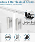 Stainless Steel Cabinet Knobs 30 Pack Brushed Nickel Hardware For Kitchen Cabinets And Dressers, 2 Inch Drawer Pulls, Single Hole, Flat Smooth Face, Built Tough Yet Sleek And Budget Friendly. Stainless steel hollow T-bar cabinet knobs on white cabinets