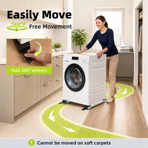 Easily move heavy washer with Rock Solid Heavy Duty 360 Degree Appliance Rollers 20 To 32 Inch Extendable Liftable Washer Dryer Base.