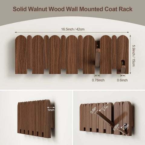 Solid walnut wood coat rack with retractable hangers, 16.5-inch, wall mount, detail view of hooks, modern design