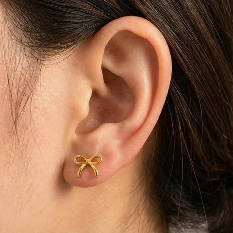 Gold Bow Stud Earrings For Women Titanium Flat Back Screw Back Hypoallergenic Nickel Free Lightweight worn on ear