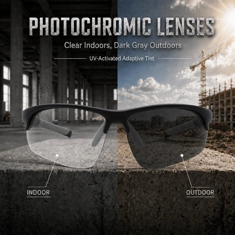 Hardcore Photochromic Safety Glasses With Slick Adaptive Lenses And Uv400 Shield For Serious Eye Protection During Cycling Diy Tasks And Outdoor Jobs Built Damn Tough For All Day Wear In Storm Gray Blue. Image shows indoor clear and outdoor dark gray lenses.