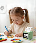 A girl using a Portable AI Voice Sticker Printer With Bright HD Display to create colorful art while drawing a lion.