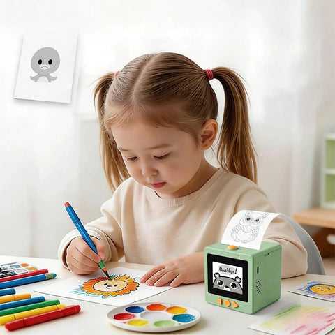 A girl using a Portable AI Voice Sticker Printer With Bright HD Display to create colorful art while drawing a lion.