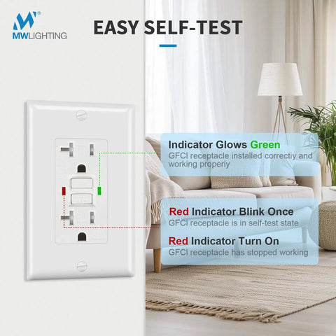 GFCI receptacle with self-test indicators in a living room setting, for the 100 Pack GfcI Outlets 20 Amp Self Test Gfi Receptacles With Wall Plates Tamper Resistant Weather Resistant Ul Listed Matte White Pro Grade Build For Kitchens Bathrooms Garages And Patios Drop In Ready.