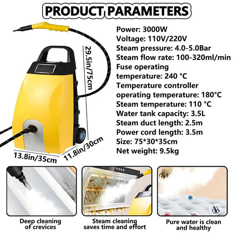 High-Pressure 3000W Steam Cleaner With Ozone Function For Deep Cleaning Heavy Kitchen Grease And Stubborn Dirt dimensions and features display.
