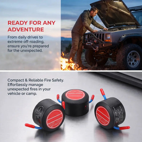 Top Shelf Automatic Car Fire Extinguisher Hardened Aluminum Body slick aerosol canister shown near vehicle engine compartment.
