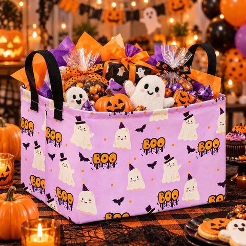 Lowkey Spooky Purple Ghost Storage Basket With Heavy Duty Cotton Linen Handles Dope Collapsible Organizer For Halloween Candy Toys Bedroom Closet Shelf Vibe Refresh filled with festive treats and toys.