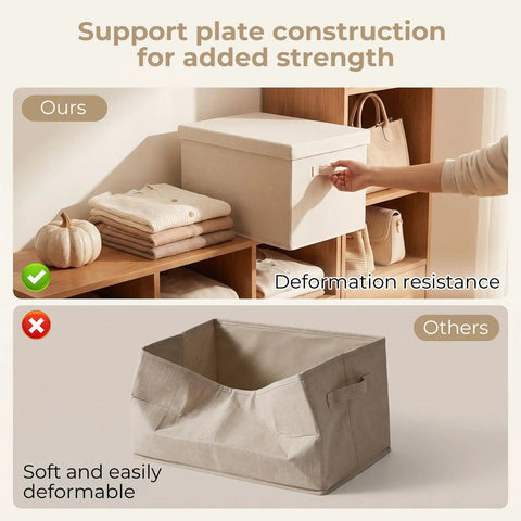 Hardcore Cotton Linen Storage Bins With Lids Decorative Closet Containers, showing strong support plate design for added strength.