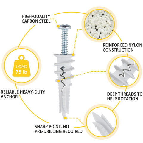 60Pcs Self Drilling Drywall Anchors And 8 Screws Heavy Duty Wall Anchors For Drywall Holds Up To 75 Lb No Pre Drill Hole Required Drywall Screws And Anchors Kit For Hanging Frames Shelves And TV, reinforced nylon anchor with screw labeled features.