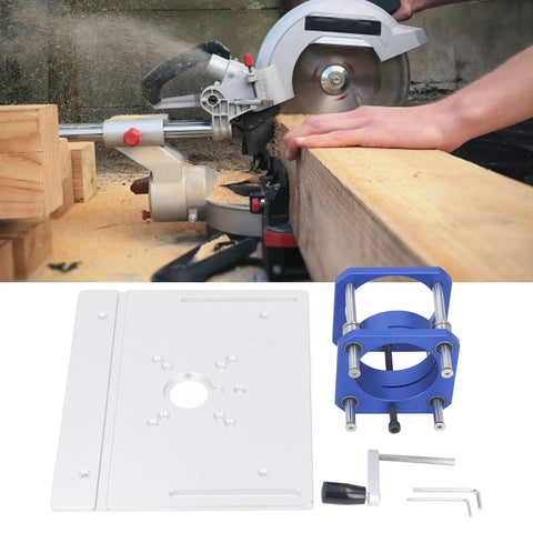 Precision Aluminum Alloy Router Table Insert Plate With 0 To 54mm Lift Kit For 64 To 65mm Routers displayed with cutting tool and wood.