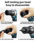 Self-locking gun head assembly instructions for Cordless 26V Rivet Nut Setter Kit With Heavy Duty Drill Adapter, M3 To M12 Fasteners.