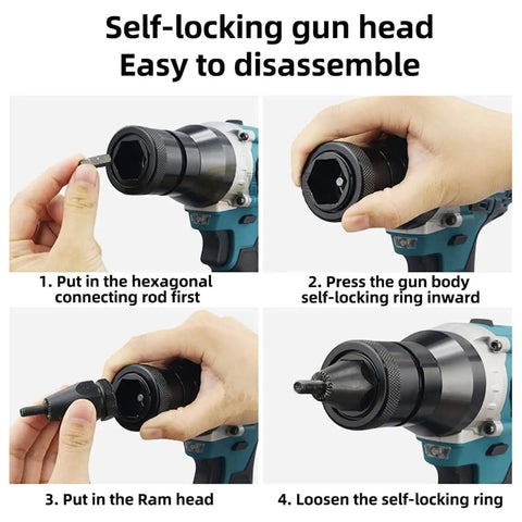 Self-locking gun head assembly instructions for Cordless 26V Rivet Nut Setter Kit With Heavy Duty Drill Adapter, M3 To M12 Fasteners.