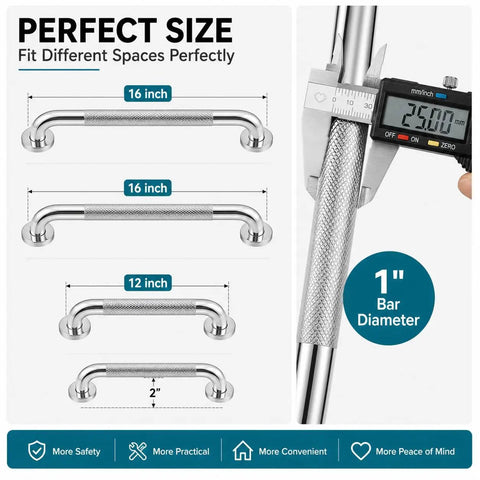 3 Pack Wall Mounted Grab Bars for Shower and Bath, showing 16 inch and 12 inch stainless steel bars for safety.