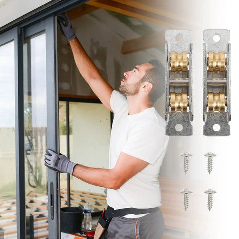 Man installing Built Tough Double Wheel Sliding Patio Door Rollers With Stainless Steel Pulley Set, showing smooth sliding action.