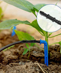 1/4 Inch Quick Connect Drip Irrigation Couplers Kit Dope 100 Black Barbed Connectors installed in garden soil near plants