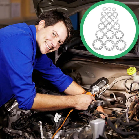 Mechanic using Stainless Steel Lock Washers Set 300Pcs Internal Tooth Star Washers For Corrosion Resistance on car engine