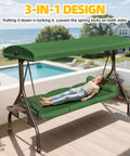 3 Seat Patio Swing With Canopy Convertible Outdoor Swing Bed With Thick Cushions And Pillows Cup Holders 135 Degree Adjustable Hardtop Canopy Shade For Backyard Garden Or Deck Green turned into a flat bed with person lying down on deck