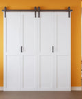 Pre Assembled Solid Core Bifold Barn Door 72 By 84 Inches Straight Out The Gate Ready with heavy duty track, white finish.