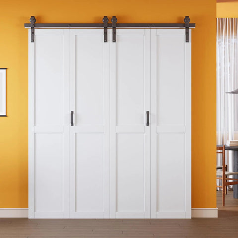 Pre Assembled Solid Core Bifold Barn Door 72 By 84 Inches Straight Out The Gate Ready with heavy duty track, white finish.