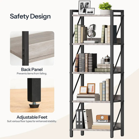 No Fuss Five Tier Industrial Bookcase With Sturdy Metal Frame And Secure Back Barrier Sweet Vertical Storage Organizer That Looks Dang Fine In Any Living Room Or Home Office Greige And Black features adjustable feet and a safety back panel.