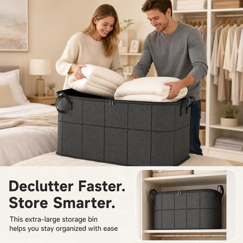 Hella Durable 180 Liter Moving Storage Container With Thick Loop Handles And Tight Seal Zipper Closure for bulky comforters in use.