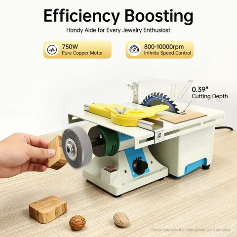 Top Tier 5 In 1 Mini Lapidary Saw And Bench Grinder with a 750W motor, 0.39" depth, perfect for jade chasing and stone shaping.