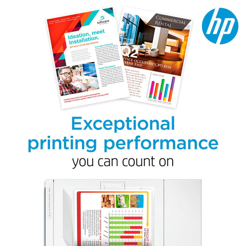 Yellow High-Yield 210X Toner Cartridge That Plays Nice With Color LaserJet Pro 4201 And MFP 4301 Series, showing printed pages.