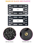 Front License Plate Holder Bracket Black Universal ABS Mounting Kit Frame with copper-threaded inserts, front and back view.