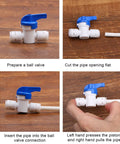 Slick Quick Connect Shut Off Valves For 1/4 Inch Water Line Tubing; installing ball valve connection steps on wooden surface.