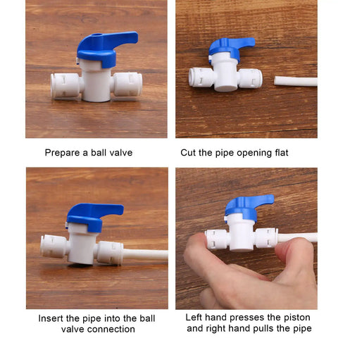 Slick Quick Connect Shut Off Valves For 1/4 Inch Water Line Tubing; installing ball valve connection steps on wooden surface.