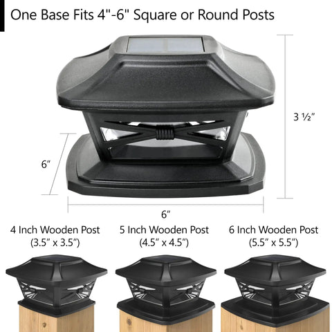 Solar Post Cap Lights With Flexfit Bases for 4x4, 5x5, and 6x6 wooden posts, black slate finish, size dimensions, 4 pack.
