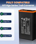 2 Pack 5000mAh Replacement Battery For Moultrie Edge Trail Cameras shown with compatibility details for various Edge models.