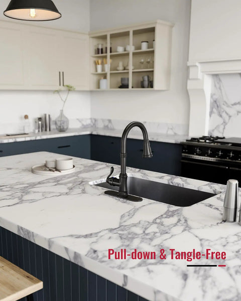 Matte Black Kitchen Faucet With Pull Down Sprayer, 3 Function Spray, Vintage Single Handle With Antique Brass Accent in modern kitchen
