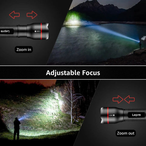 Beastly Bright LED Flashlight With Zoomable Beam And Five Modes High Medium Low SOS And Flash Waterproof Pocket Size shown illuminating lakeside and forest at night