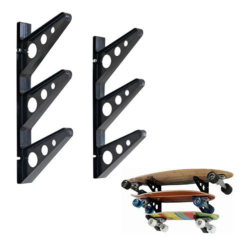 Heavy Duty Skateboard Wall Mount Rack Stores Three Longboards Street Decks And Accessories With Steel Frame, mounted with three boards.